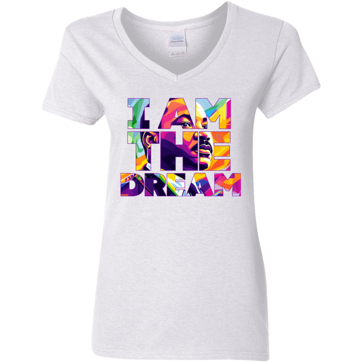 White t-shirt with colorful 'I AM THE DREAM' design on a white background