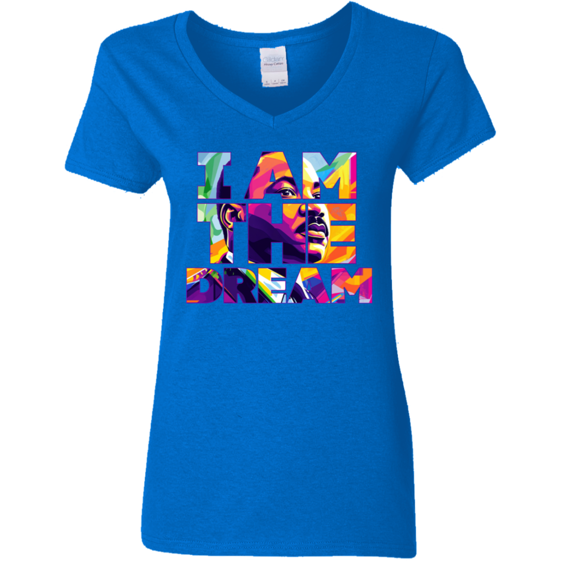 Blue t-shirt with colorful graphic and text 'I AM THE DREAM' on a white background