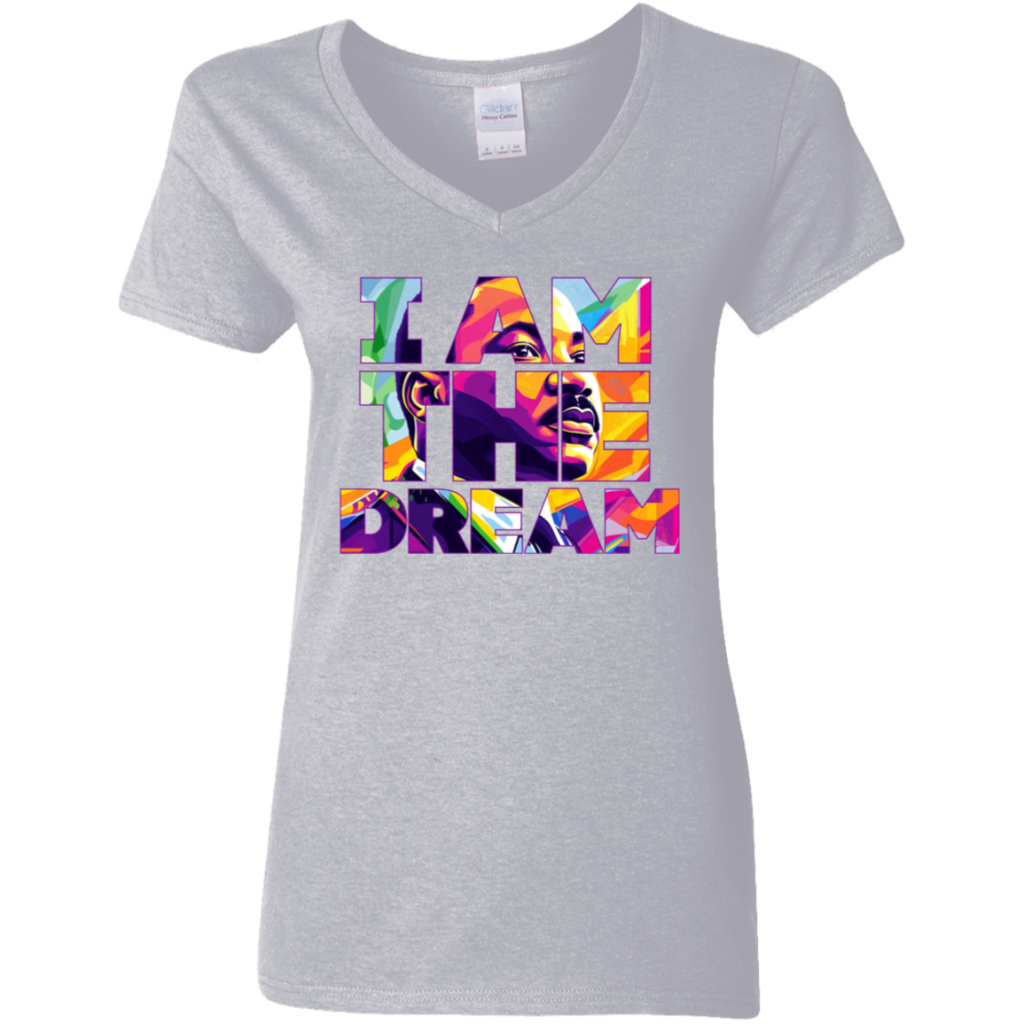 Gray t-shirt with colorful 'I AM THE DREAM' design on a white background