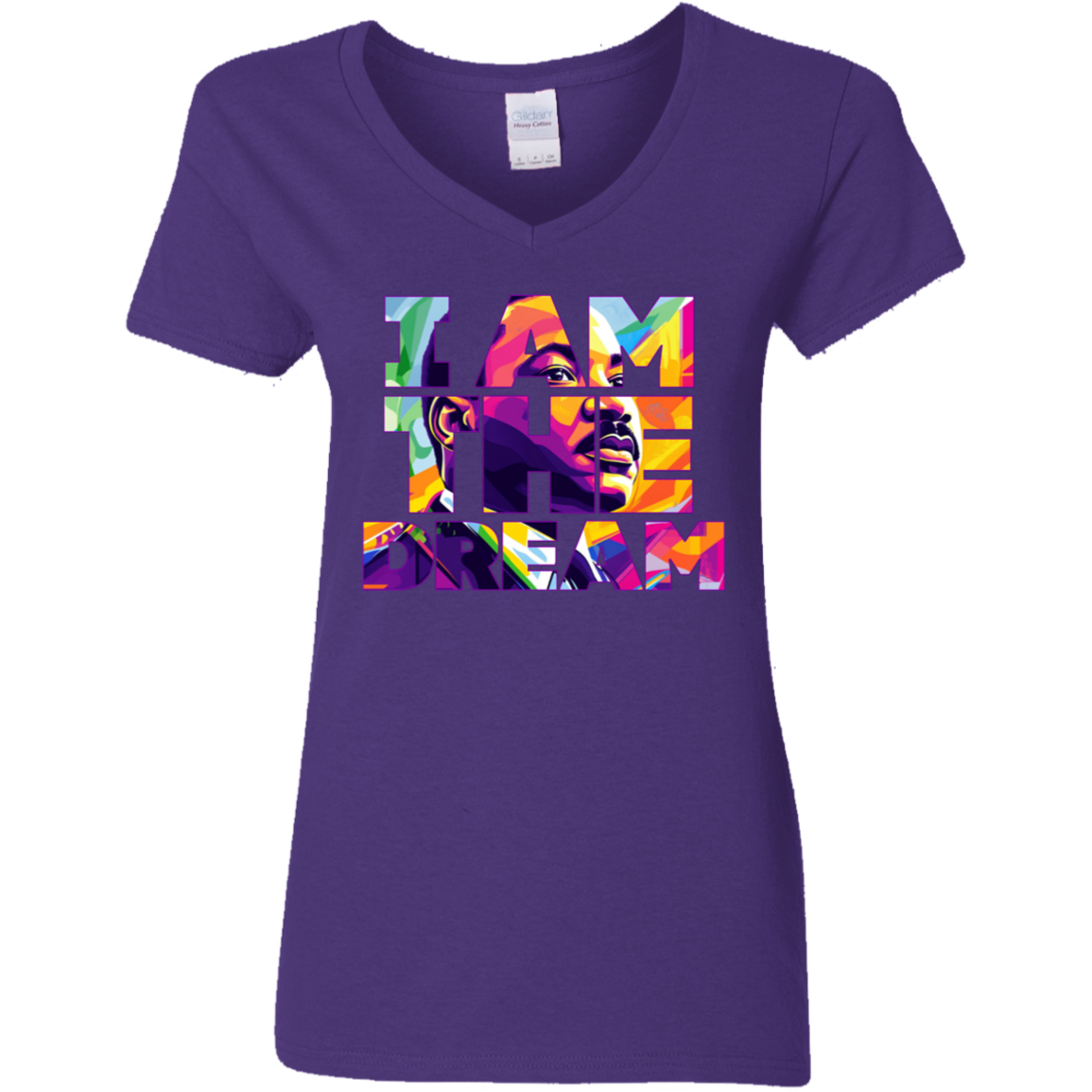 Purple t-shirt with colorful graphic design and text I am the dream on a white background