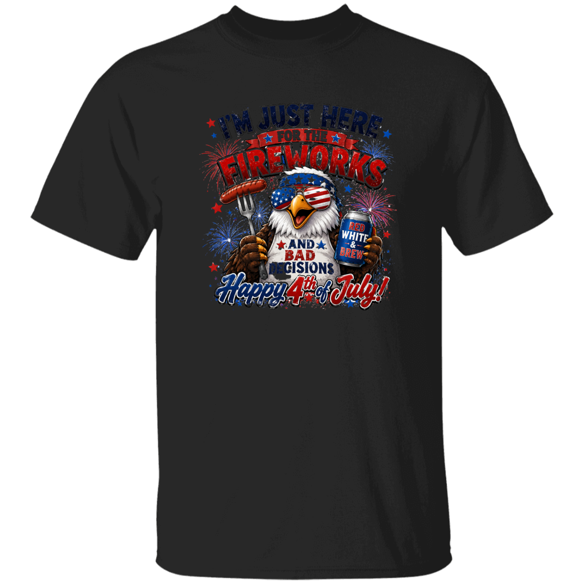 Black t-shirt with 4th of July design featuring an eagle, fireworks, and text.