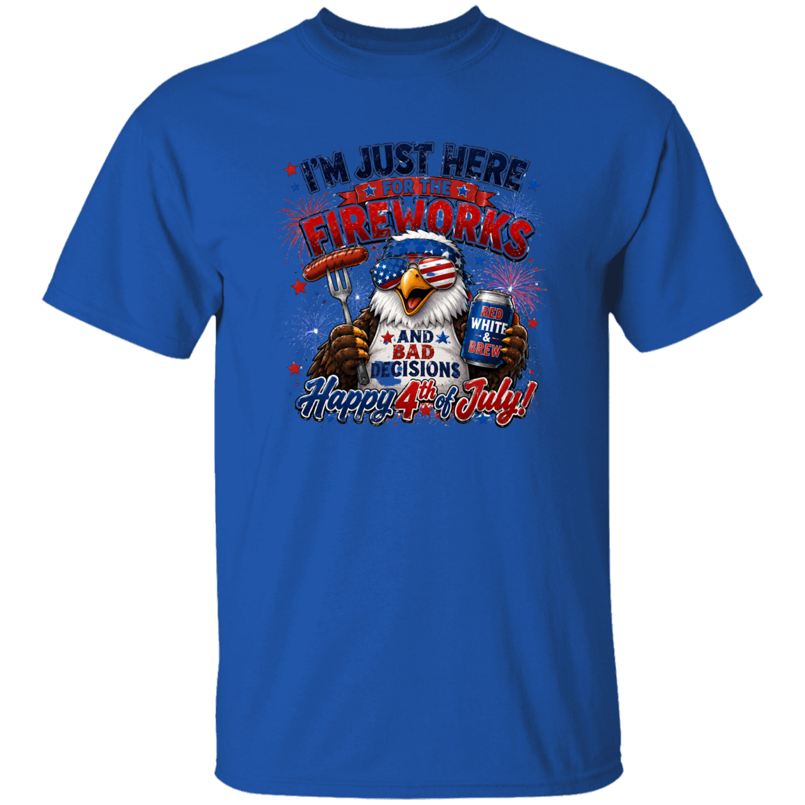 Blue t-shirt with 4th of July graphic design featuring an eagle, hot dog, and beer.