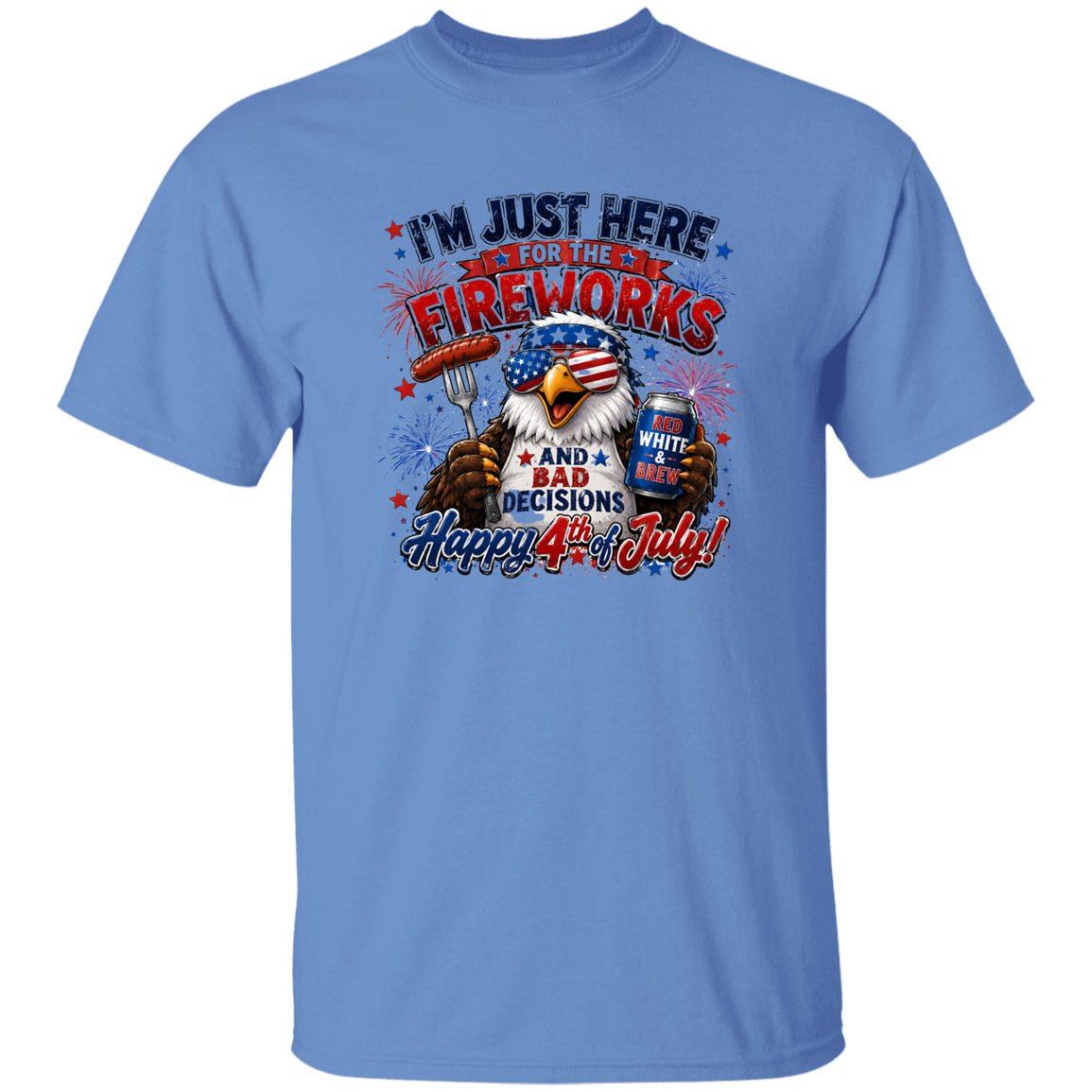Carolina blue t-shirt with 4th of July graphic design featuring an eagle holding a drink and a fork.