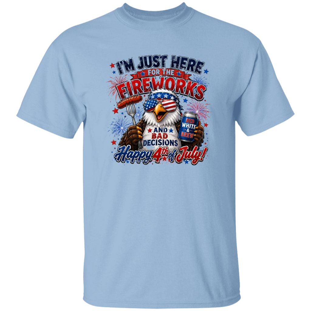 Light blue t-shirt with 4th of July graphic design featuring an eagle, text, and icons.