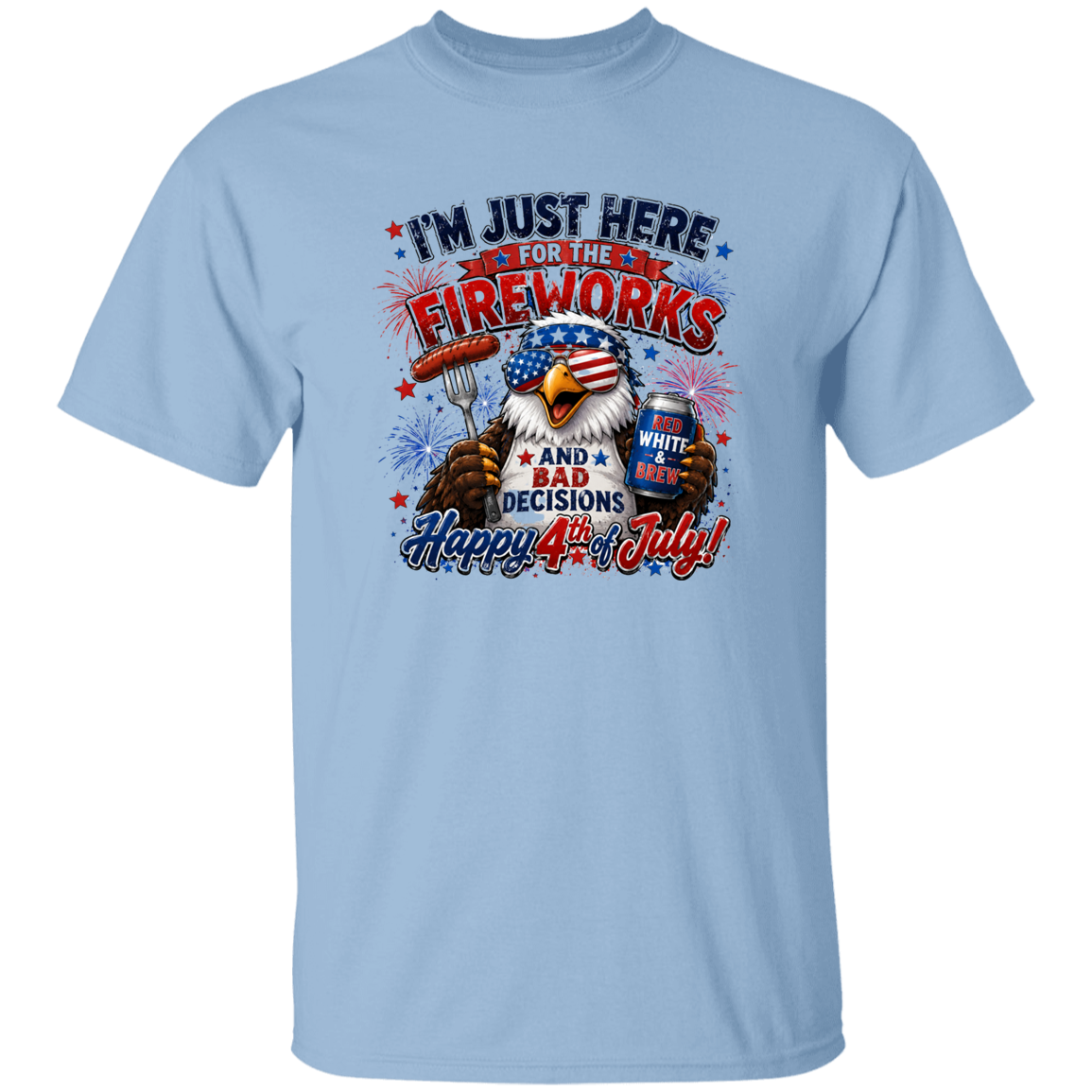 Light blue t-shirt with 4th of July graphic design featuring an eagle, text, and icons.