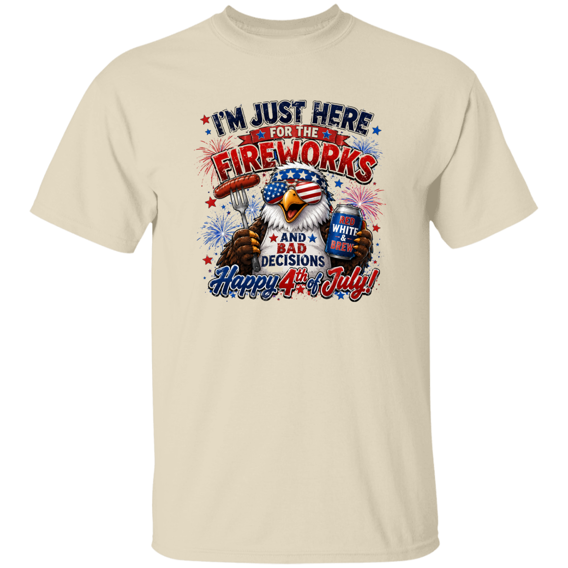 Beige t-shirt with 4th of July graphic design featuring an eagle and text.