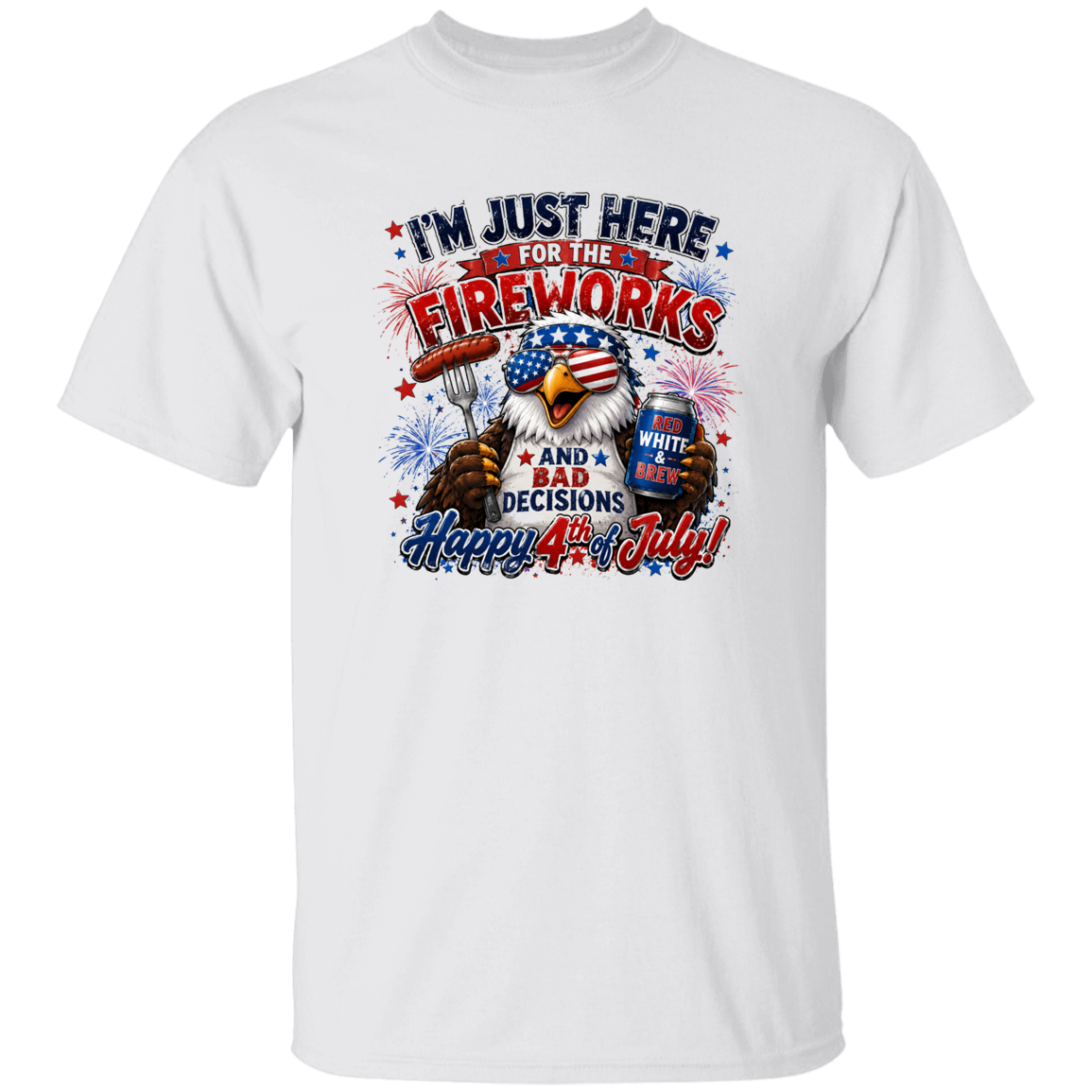 White t-shirt with 4th of July graphic design featuring an eagle, fireworks, and text.
