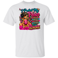 A white short-sleeve crewneck t-shirt featuring a colorful graphic print on the front. The graphic depicts a woman with styled hair holding a pink mug, surrounded by butterflies, with bold text that reads 'I Protect My Peace I DELETE I BLOCK I CUT OFF I LEAVE and I IGNORE'.