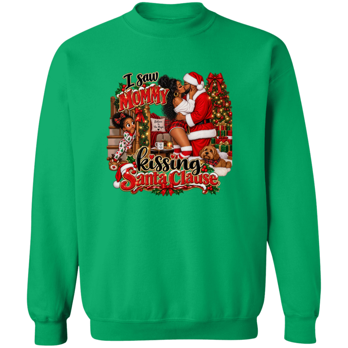 A bright green crewneck sweatshirt featuring a large, colorful Christmas-themed graphic print on the front. The graphic depicts a woman in a Santa suit kissing a dog while another dog looks on, with the text 'I saw MOMMY kissing Santa Clause' in festive red and black lettering.