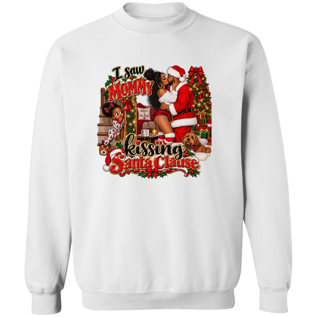 A white crewneck sweatshirt featuring a large, colorful Christmas-themed graphic print on the front. The graphic depicts a Black woman in a Santa suit kissing a child, with a dog at her side, and the text 'I saw Mommy kissing Santa Clause' in stylized red and black lettering.