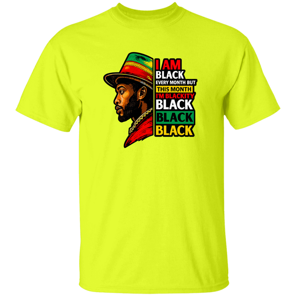 Yellow t-shirt with a graphic of a man wearing a hat and text on a white background