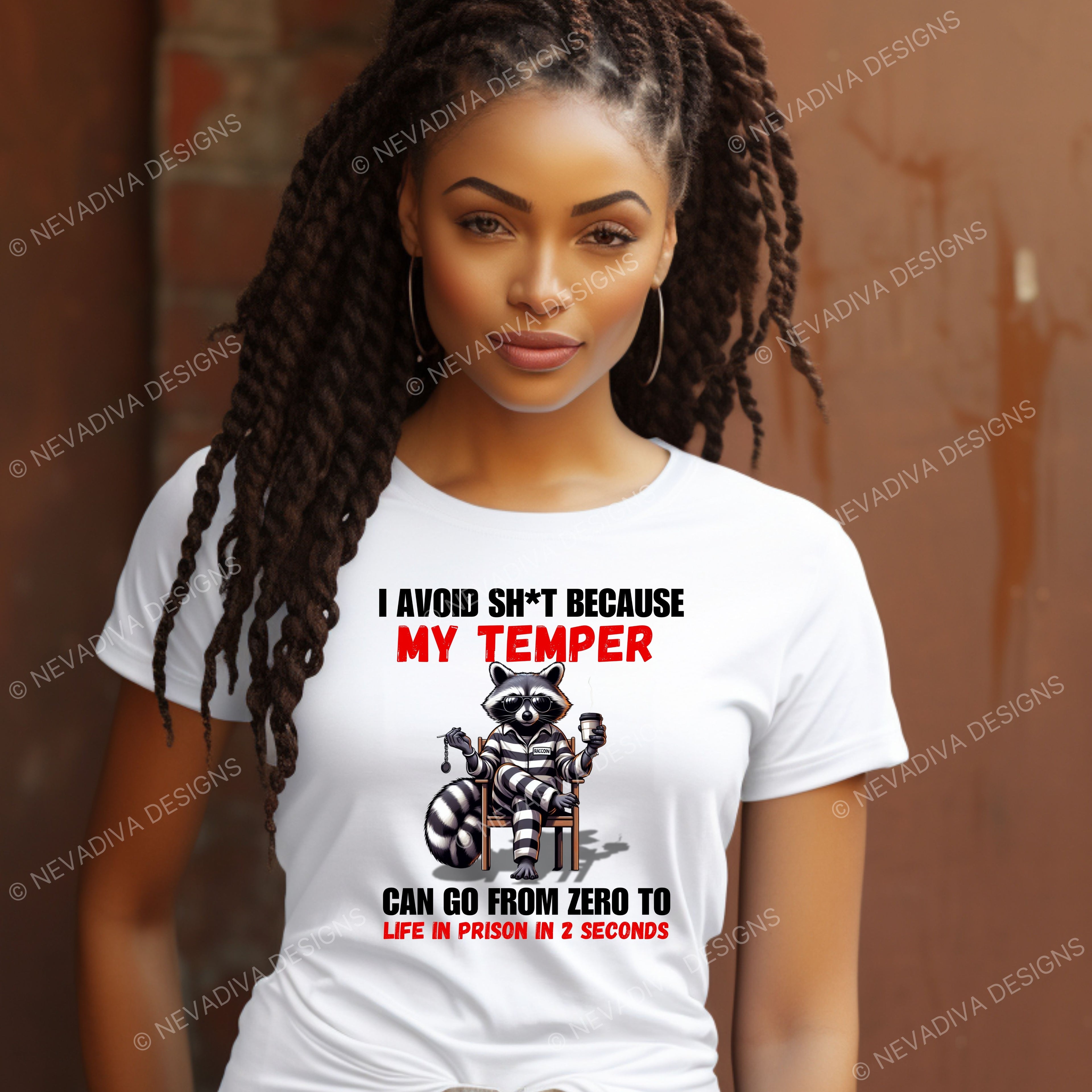 Woman wearing a white t-shirt with a graphic and text, standing against a brown background.