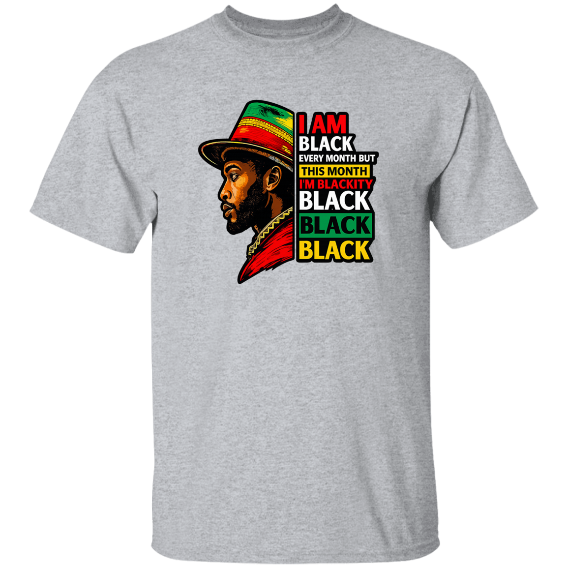 Gray t-shirt with a colorful graphic and text on a white background