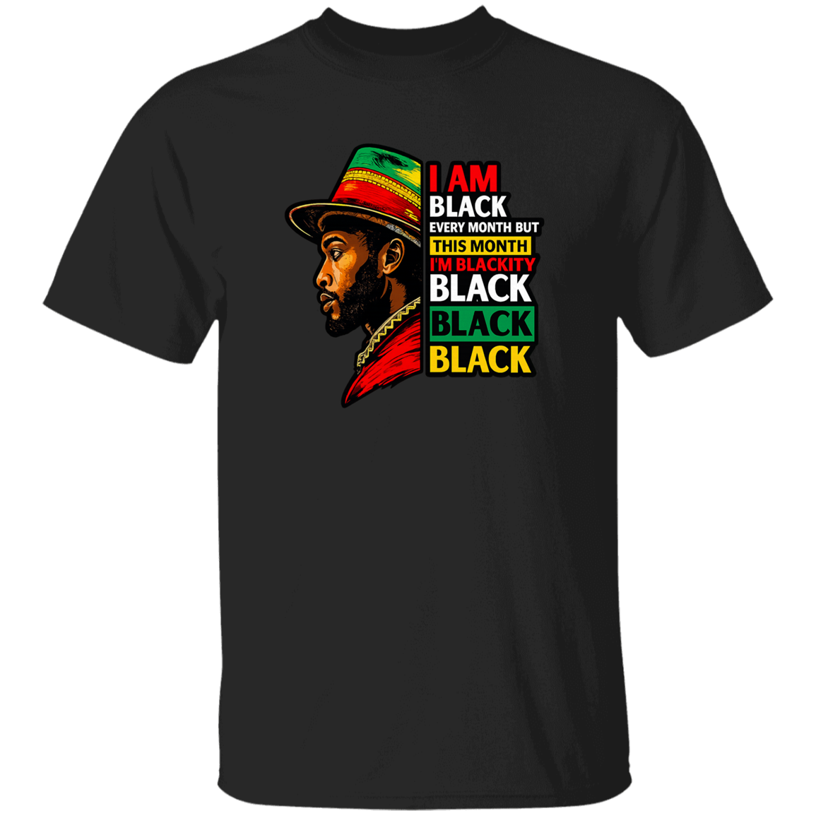 Black t-shirt with a colorful graphic and text on a white background