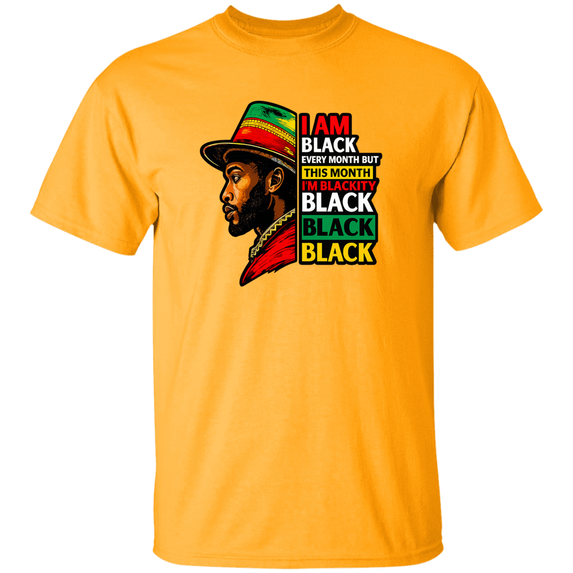 Yellow t-shirt with a graphic of a man wearing a hat and text on a white background