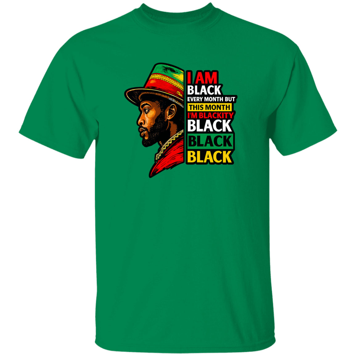 Green t-shirt with a graphic of a man wearing a hat and text on a white background