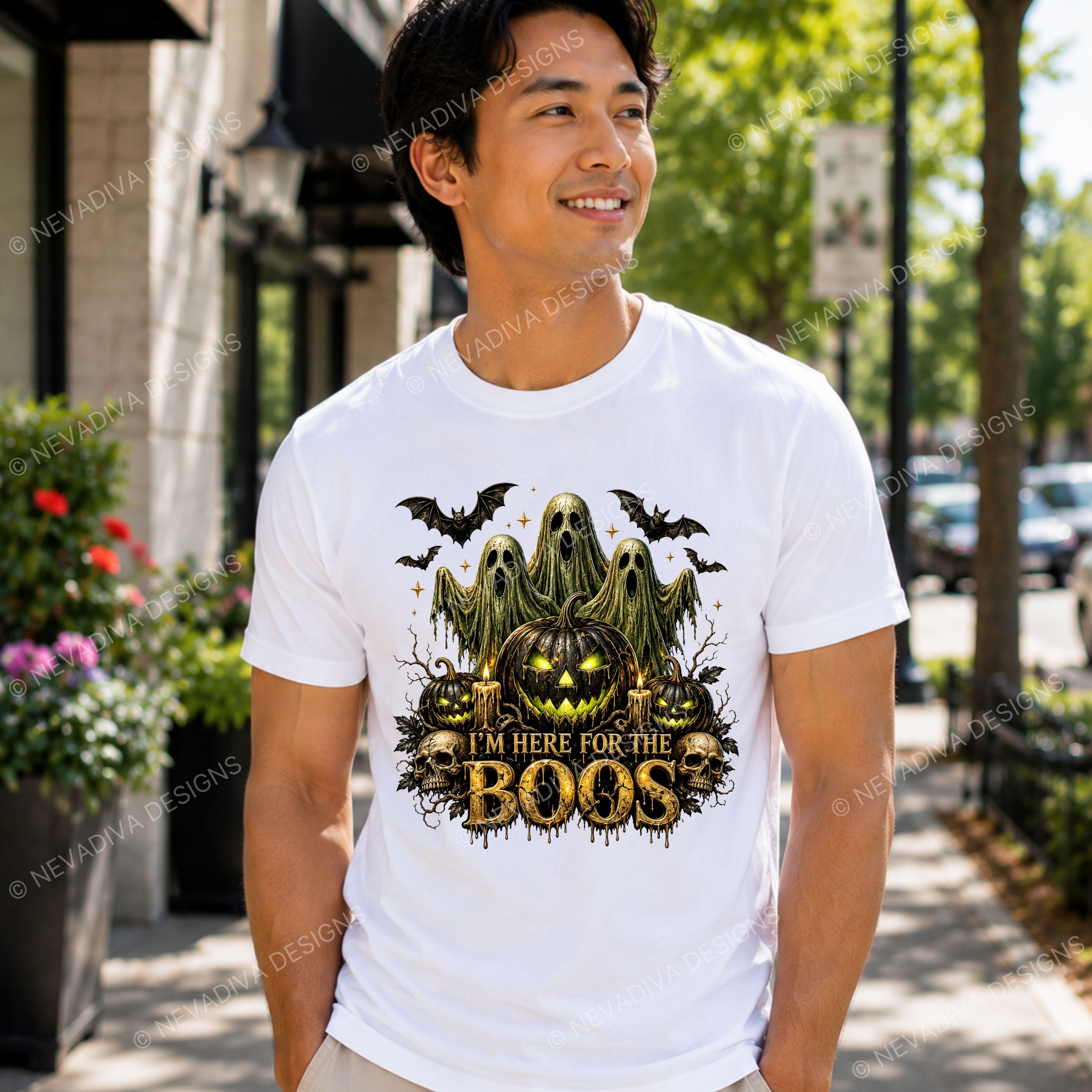 Man wearing a white t-shirt with Halloween-themed design outdoors.