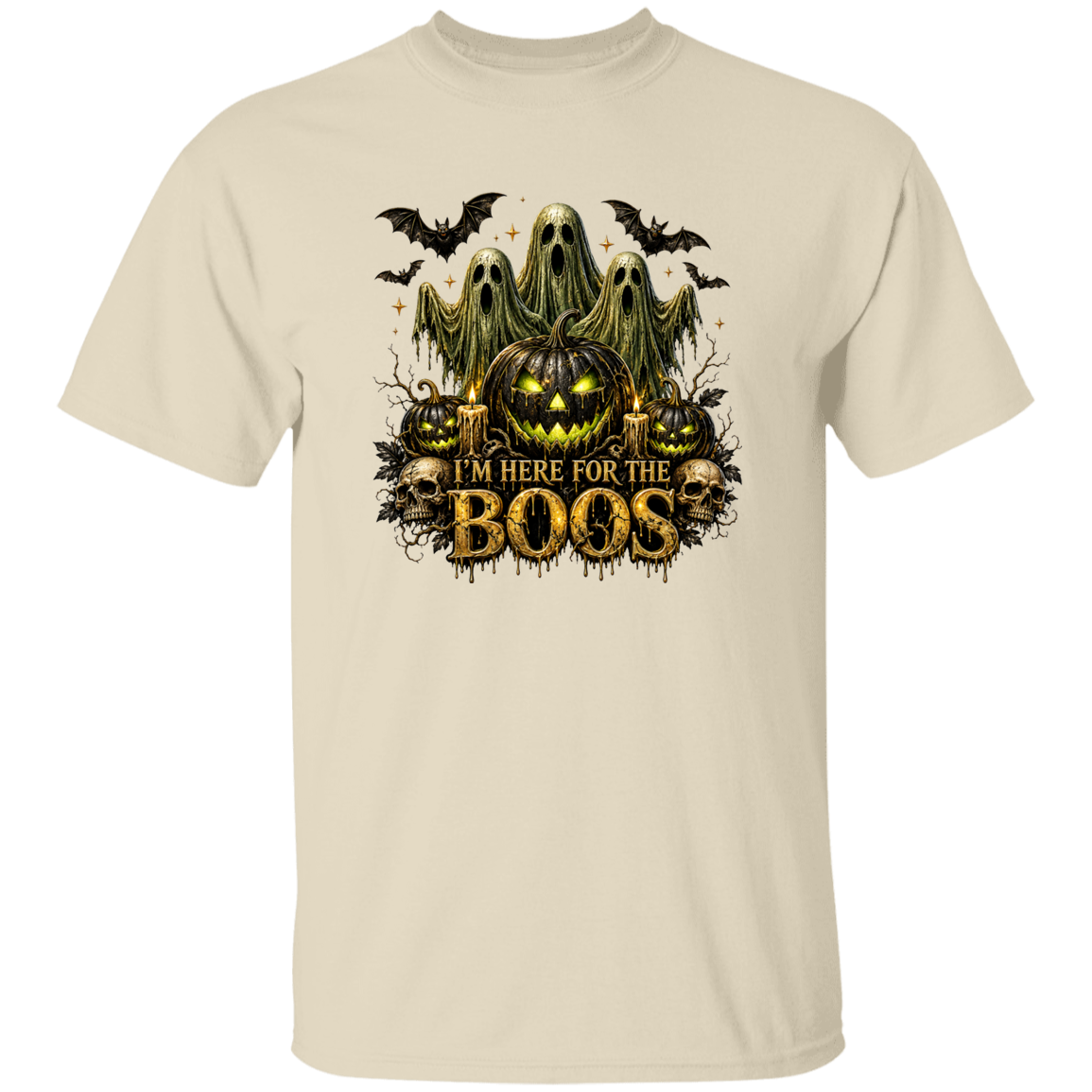 Beige t-shirt with Halloween design featuring a pumpkin, ghosts, and bats on a white background.