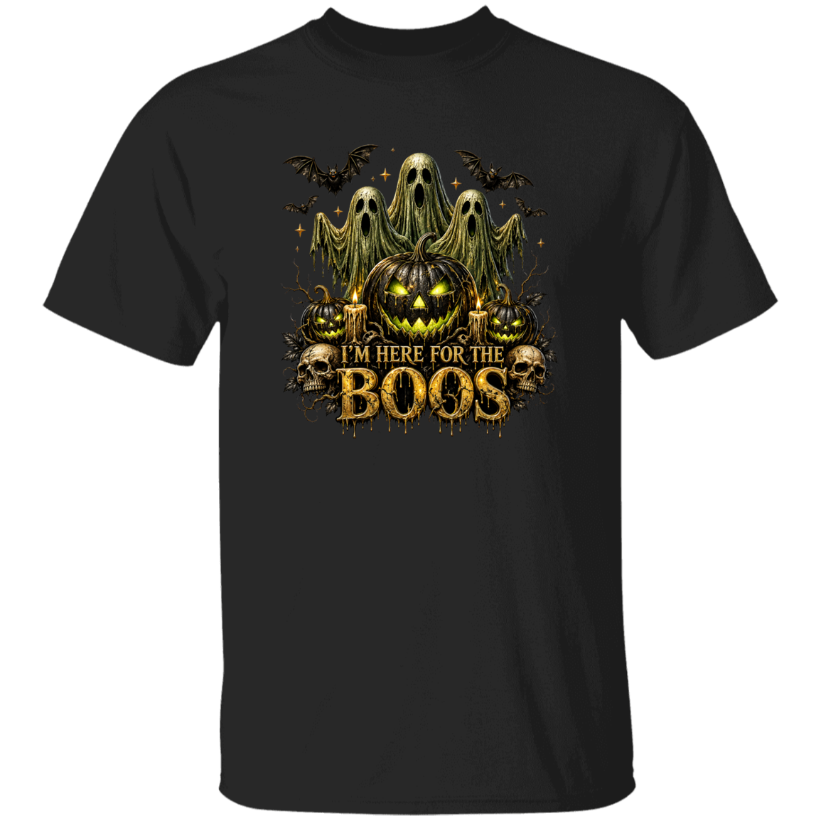 Black t-shirt with Halloween design featuring a pumpkin and ghosts on a white background