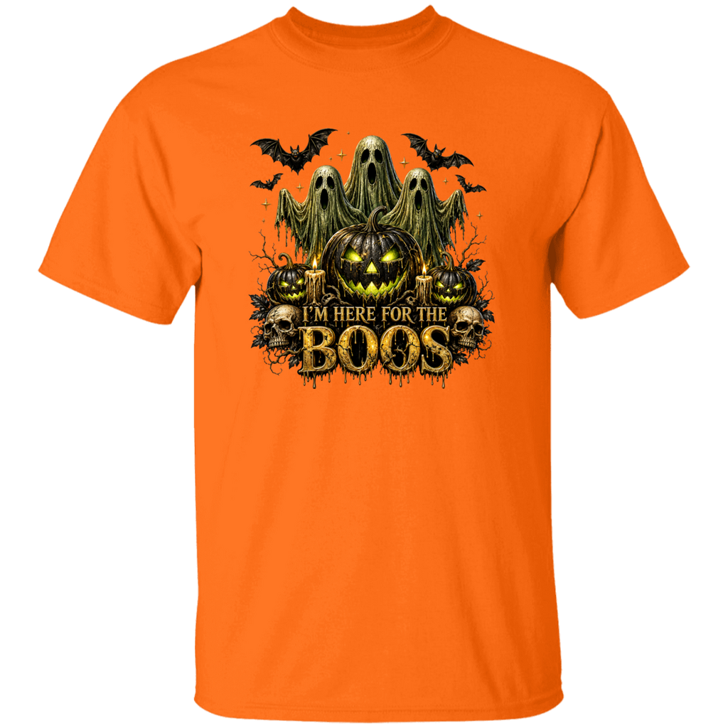 Orange t-shirt with Halloween-themed design featuring pumpkins and ghosts on a white background.