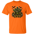 Orange t-shirt with Halloween-themed design featuring pumpkins and ghosts on a white background.
