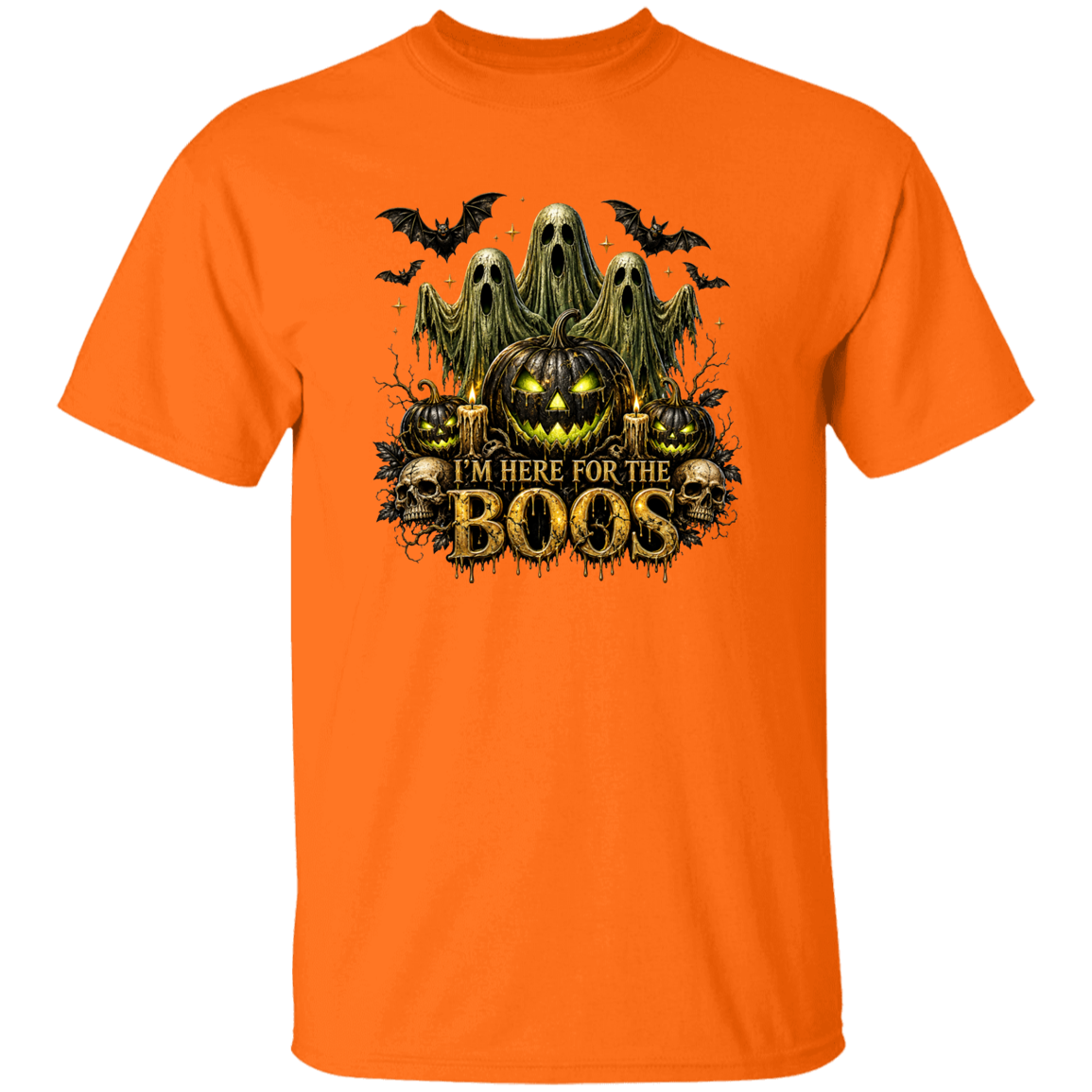 Orange t-shirt with Halloween-themed design featuring pumpkins and ghosts on a white background.