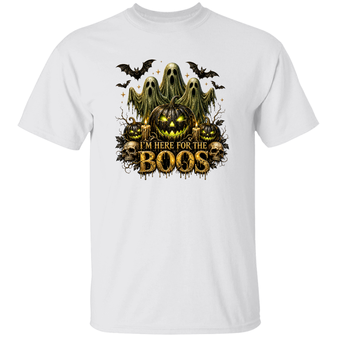 White t-shirt with Halloween-themed design featuring a pumpkin and ghosts on a white background