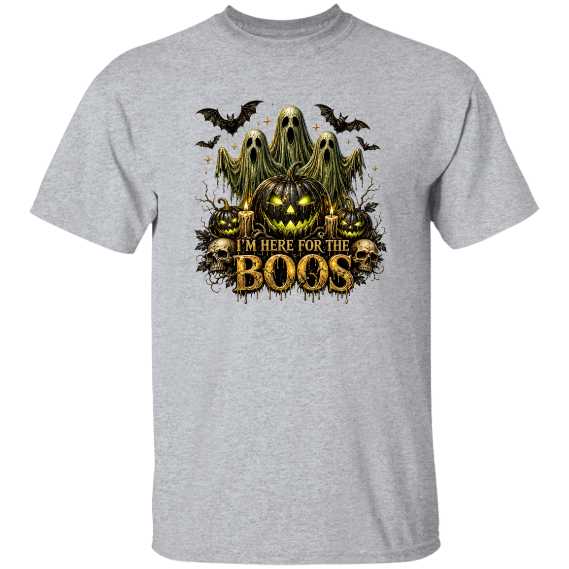 Gray t-shirt with Halloween design featuring pumpkins and ghosts on a white background