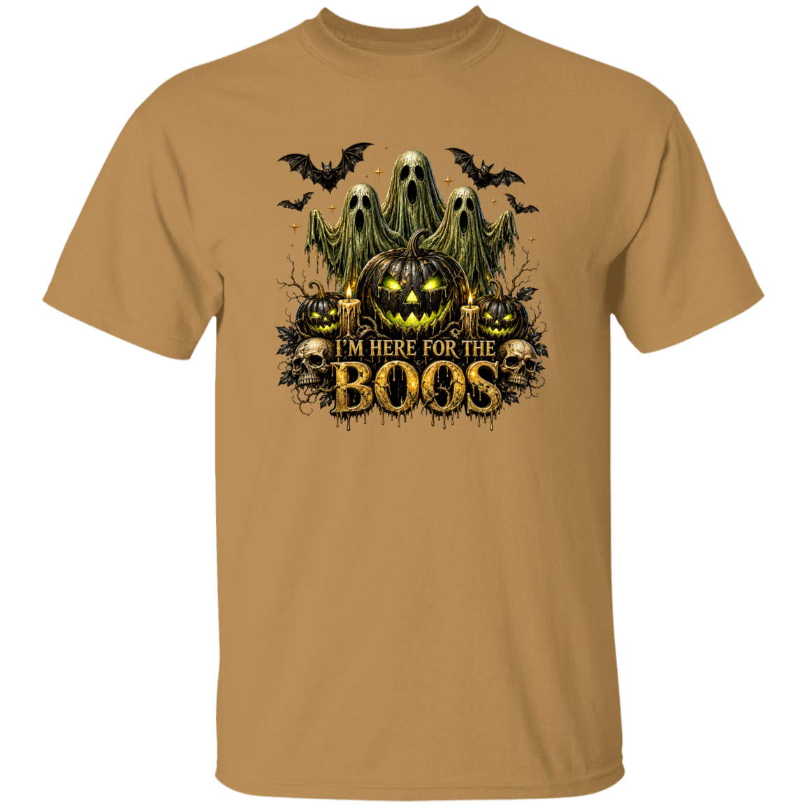 Halloween-themed t-shirt with pumpkins, ghosts, and bats on a beige background