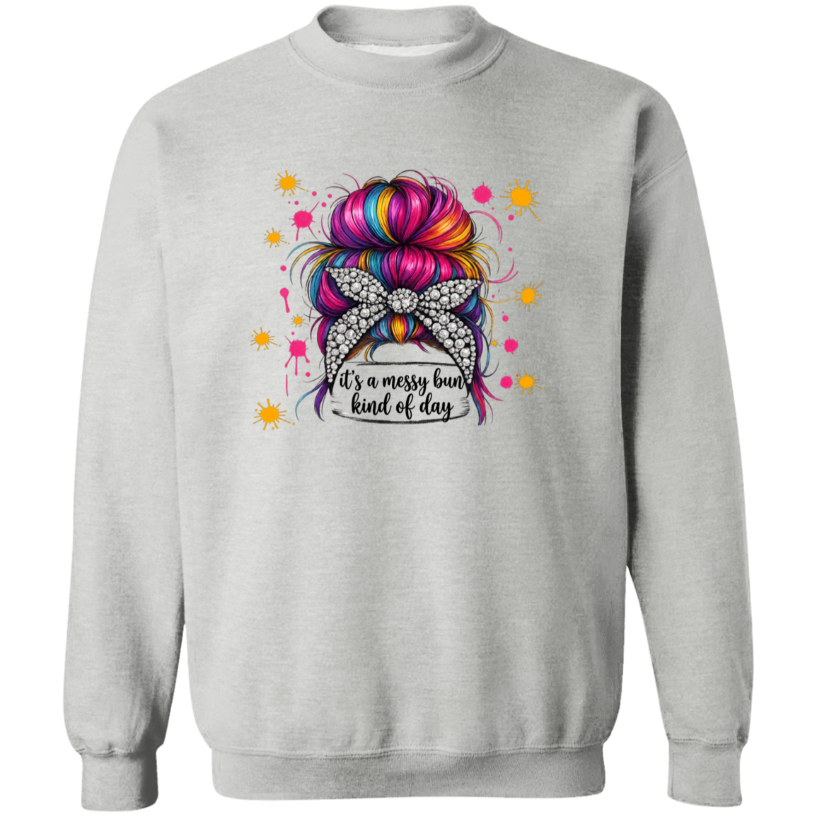 a sports grey sweatshirt with a colorful bun design and text.