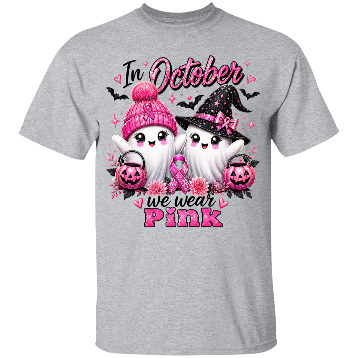 Gray t-shirt with Halloween-themed design featuring ghosts, pumpkins, and pink ribbons on a white background.