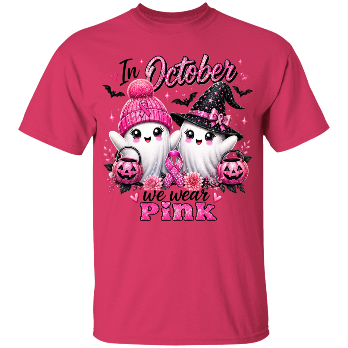 Pink t-shirt with Halloween-themed design featuring ghosts and text 'In October we wear Pink'.