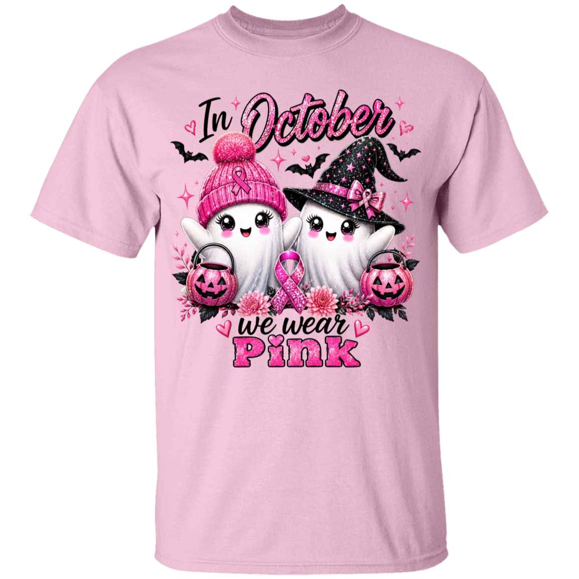 Pink t-shirt with Halloween-themed design featuring ghosts, pumpkins, and a pink ribbon, with text 'In October we wear Pink'.