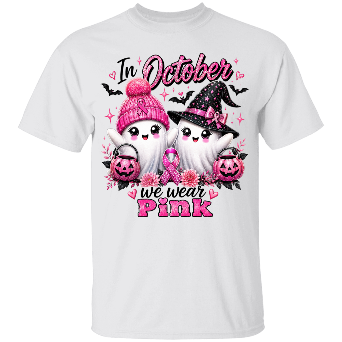 White t-shirt with Halloween-themed design featuring ghosts, pumpkins, and pink ribbons with text 'In October we wear Pink'.