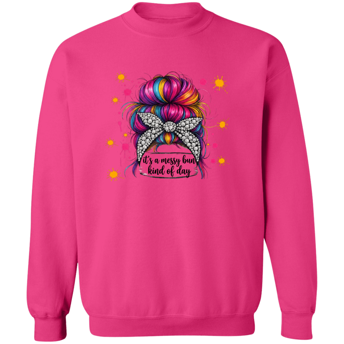 a helliconia sweatshirt with a colorful bun design and text.