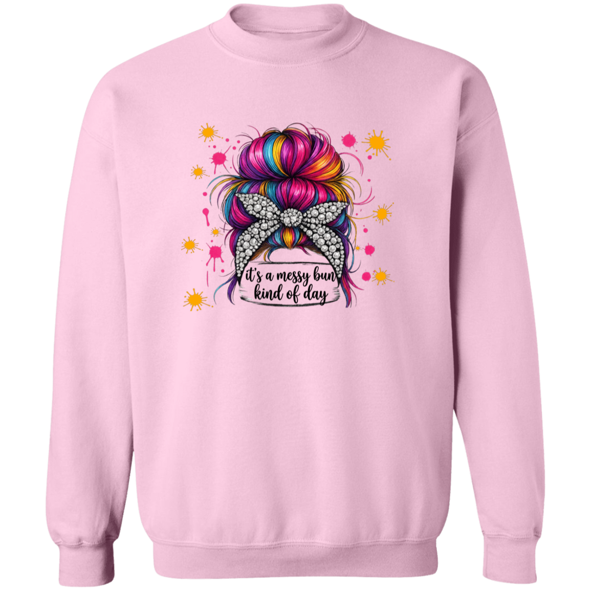 a light pink sweatshirt with a colorful bun design and text.