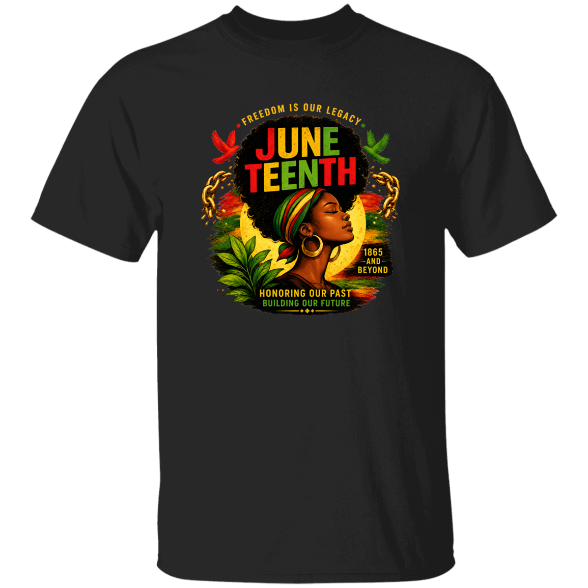 Black t-shirt with Juneteenth graphic design featuring a woman and text.