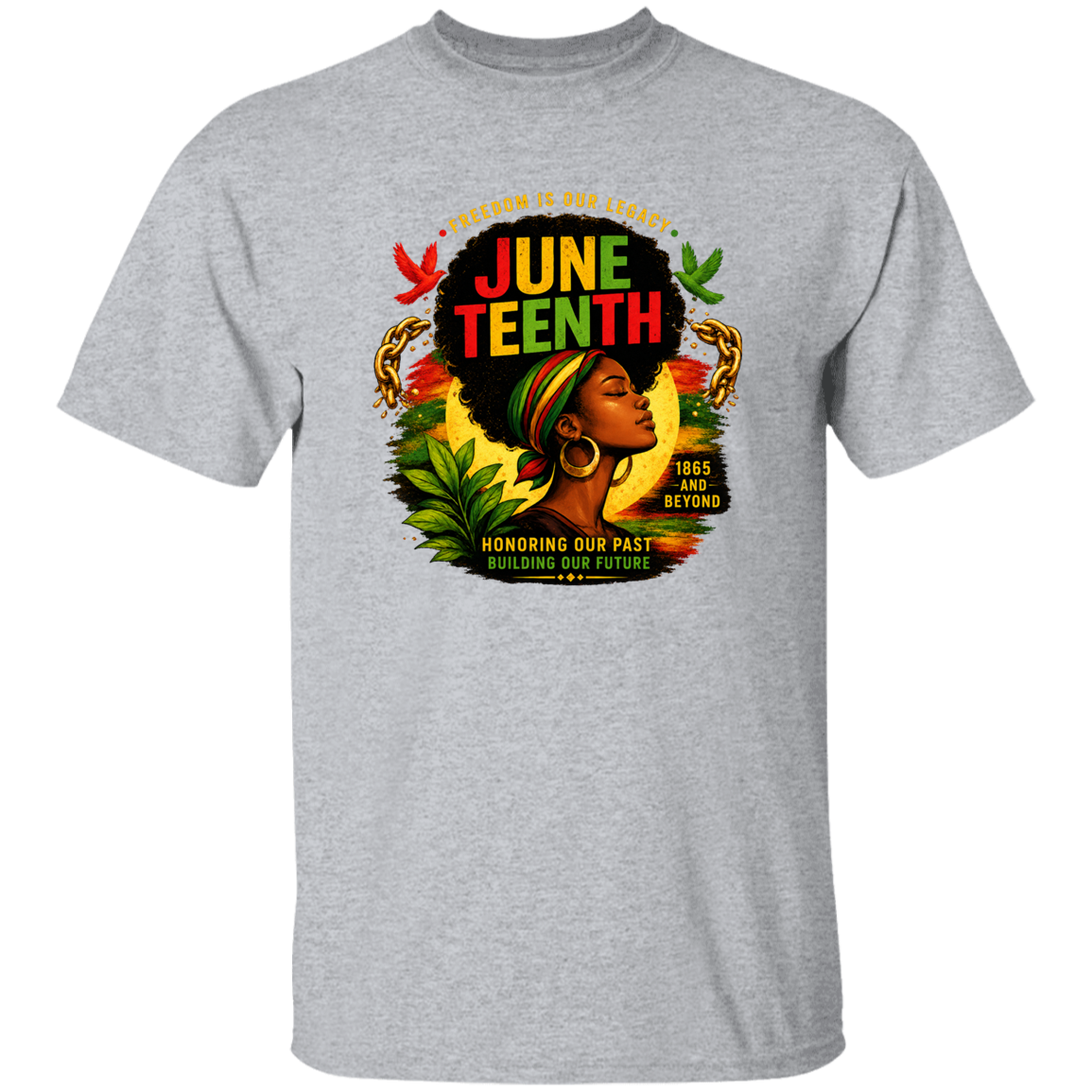 Gray t-shirt with a colorful graphic of a woman's head and 'June 19th' text on a white background