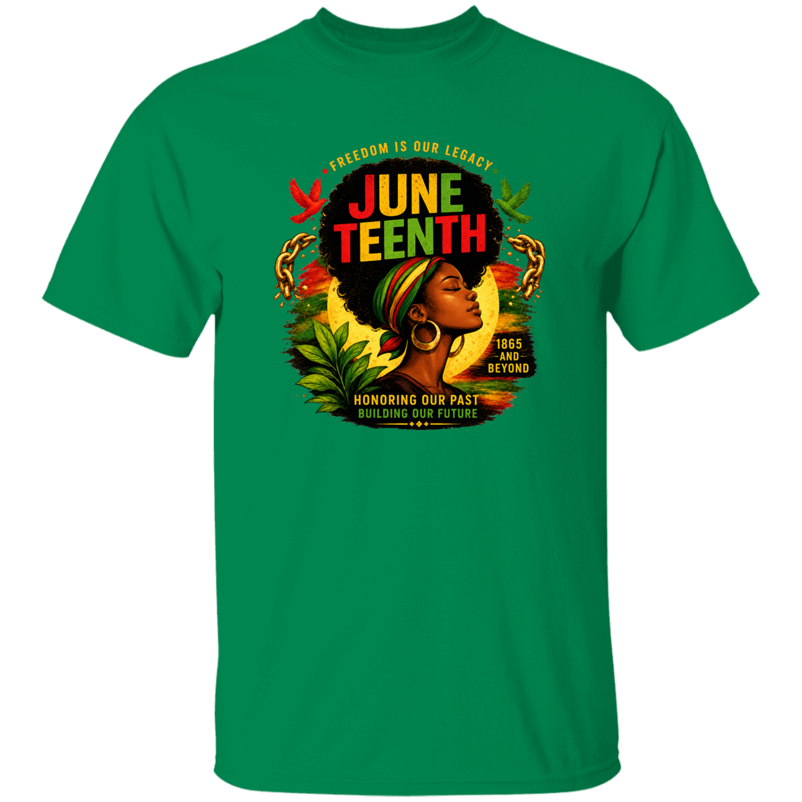 Green t-shirt with Juneteenth graphic design featuring a woman's face and text.