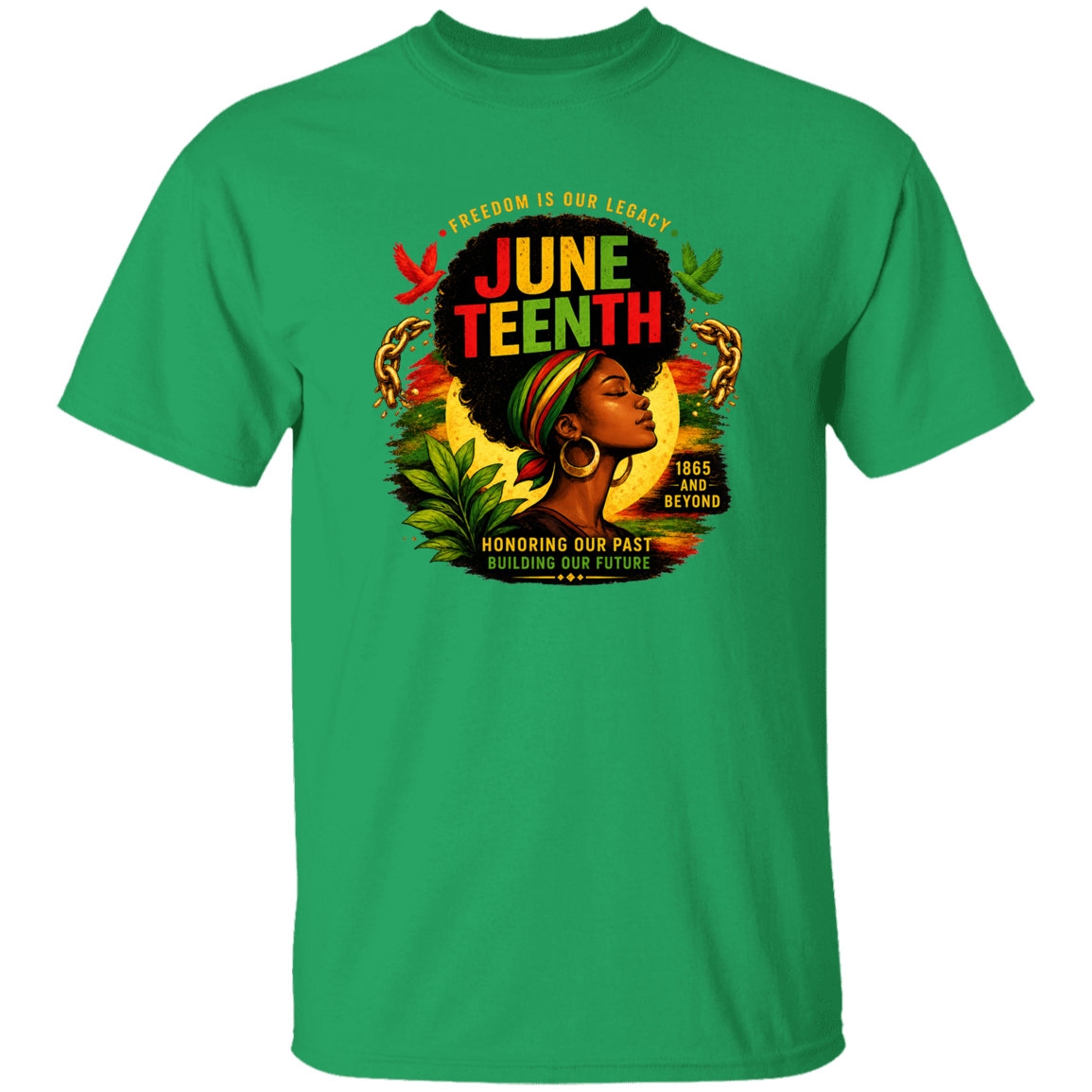 LIGHT Green t-shirt with Juneteenth graphic design featuring a woman with braided hair and text.