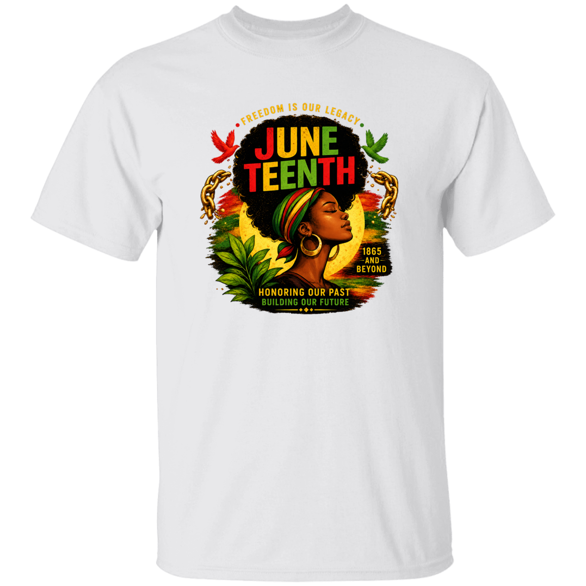 White t-shirt with a colorful graphic of a woman's head and 'June Teenth' text on a white background