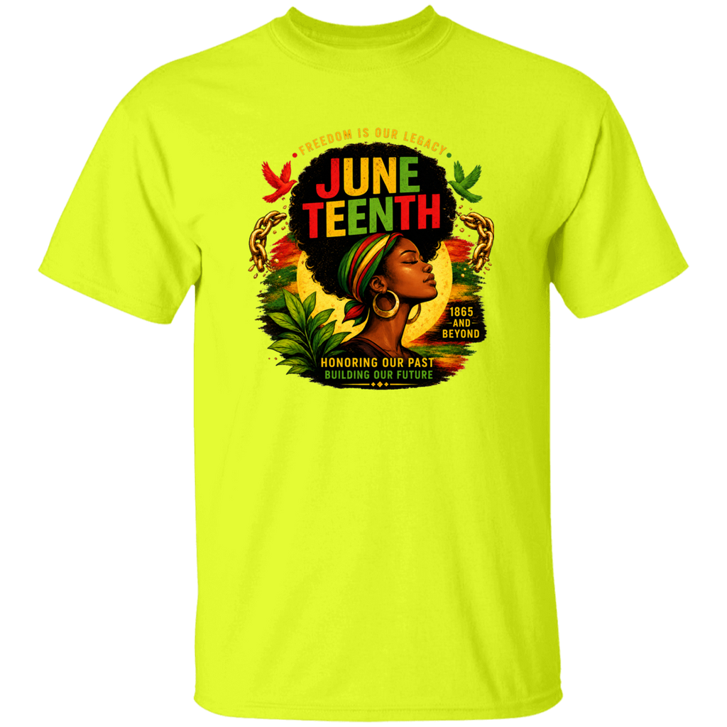 Yellow/GREEN t-shirt with Juneteenth design featuring a woman with an afro and colorful hair, on a white background.