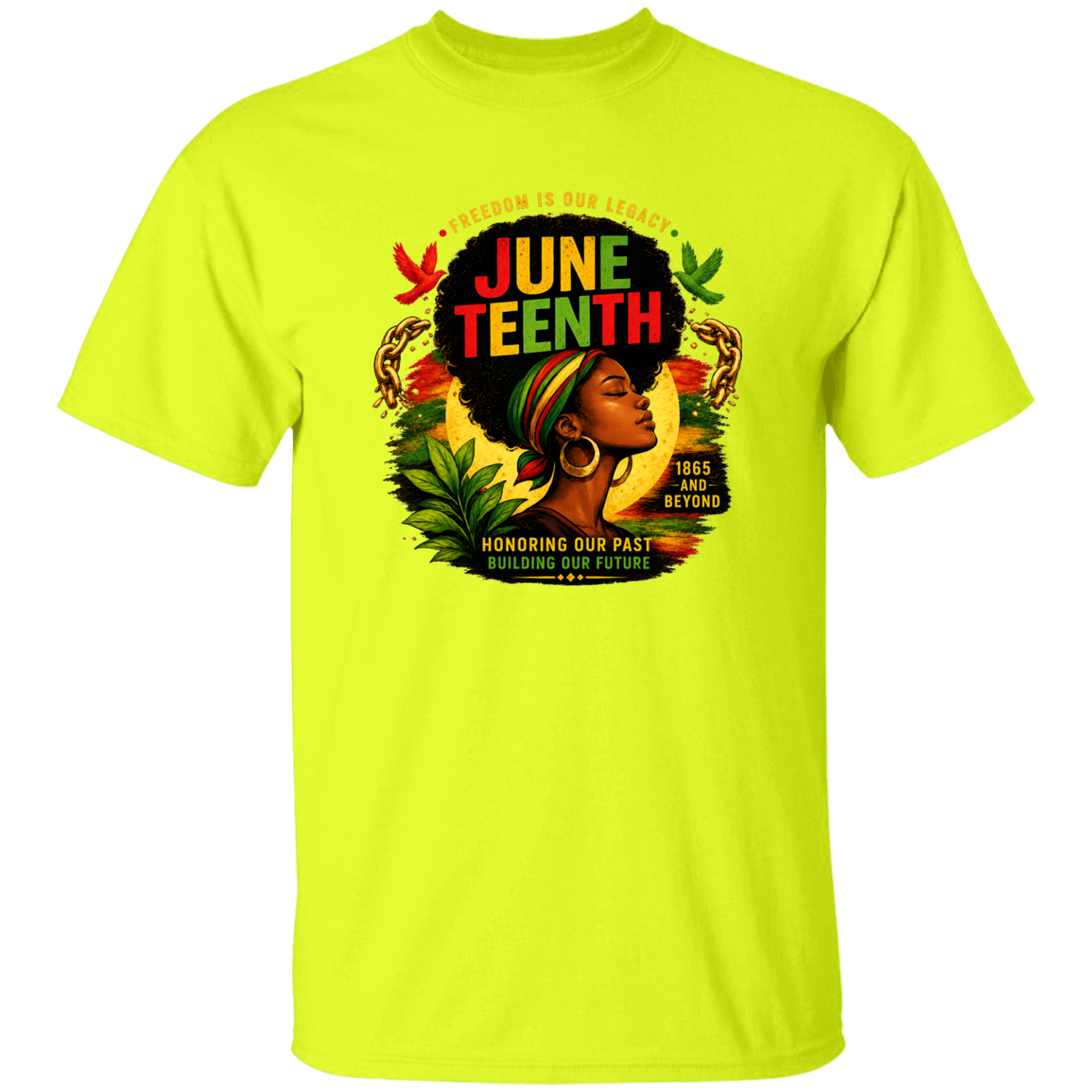 Yellow/GREEN t-shirt with Juneteenth design featuring a woman with an afro and colorful hair, on a white background.