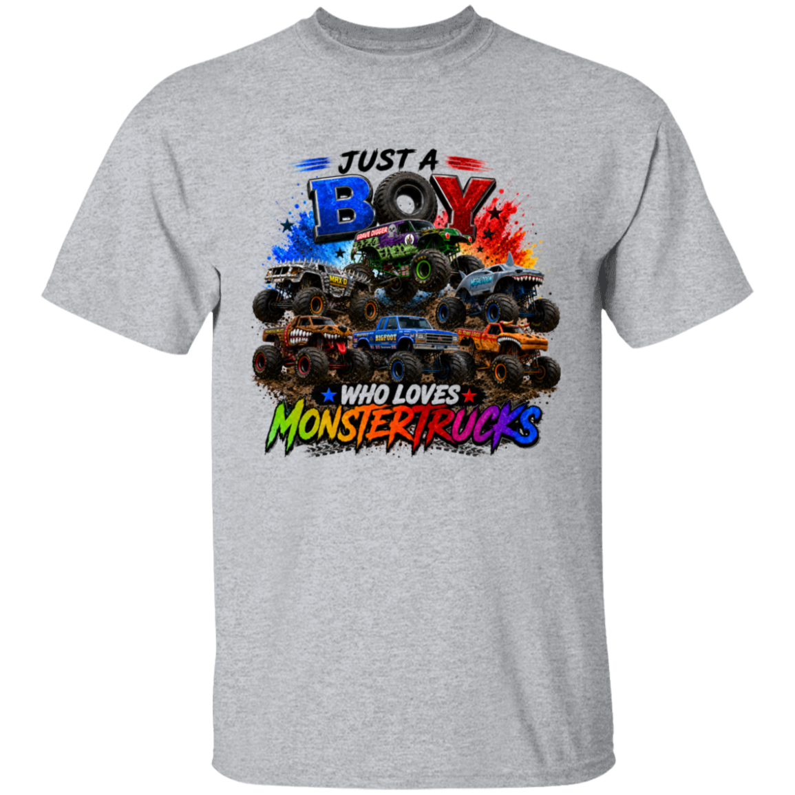A heather gray short-sleeve t-shirt with a colorful graphic print on the front featuring monster trucks and the text 'JUST A BOY WHO LOVES MONSTER TRUCKS'.