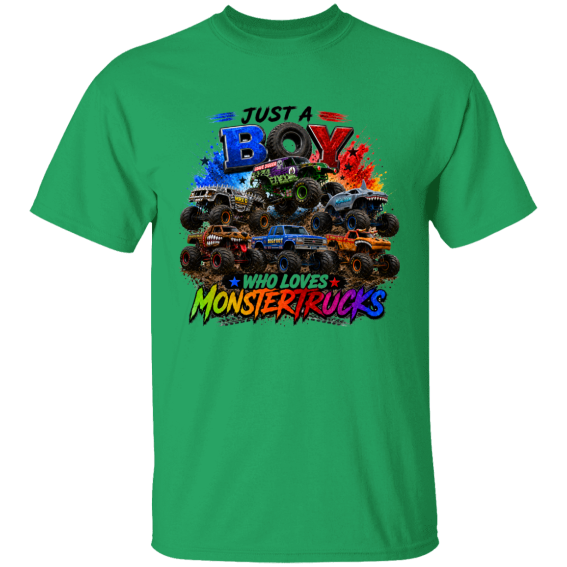 A green short-sleeve crewneck t-shirt featuring a colorful graphic print of monster trucks with the text 'JUST A BOY WHO LOVES MONSTER TRUCKS' on the front.