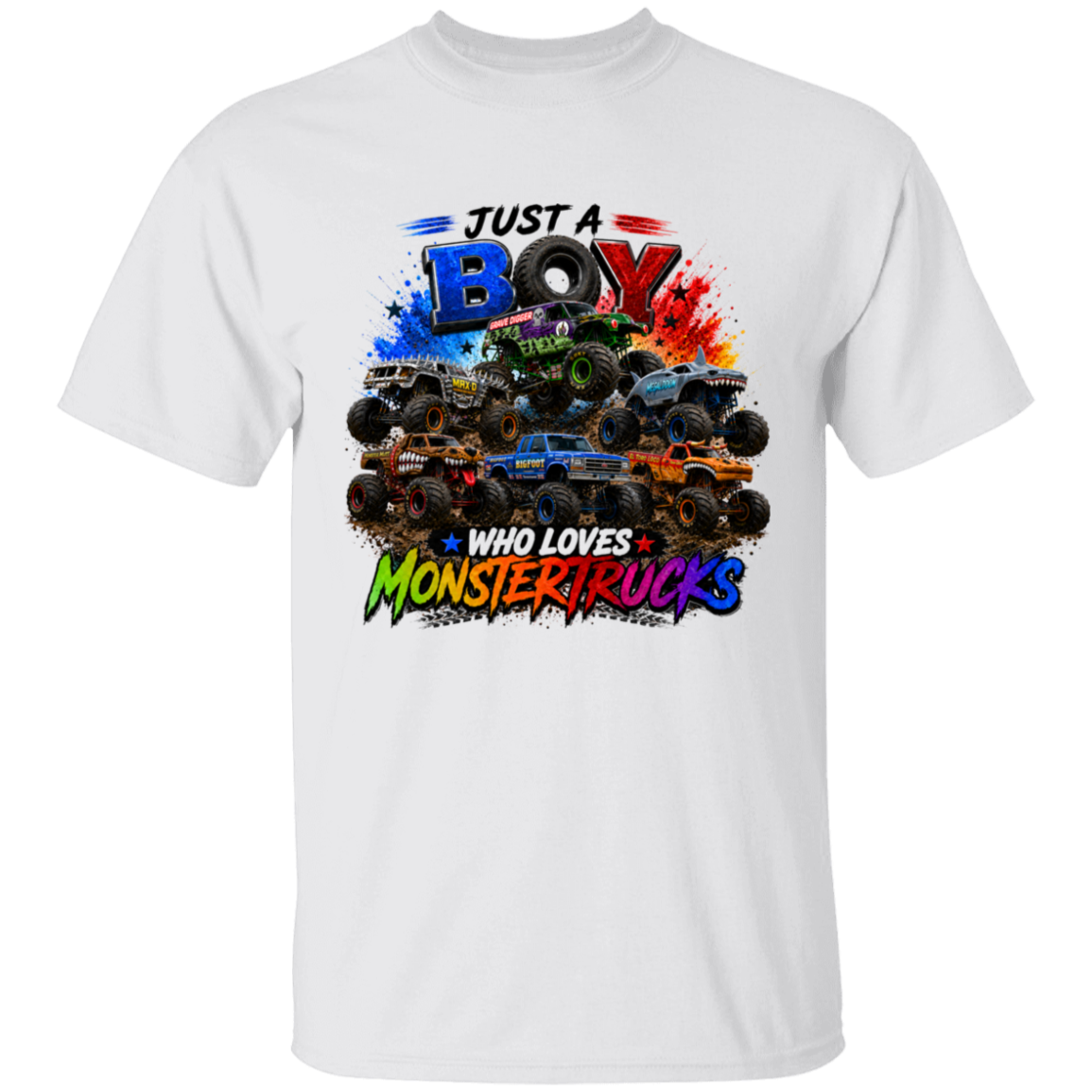 A white short-sleeve crewneck t-shirt featuring a colorful graphic print of monster trucks and the text 'JUST A BOY WHO LOVES MONSTER TRUCKS'.