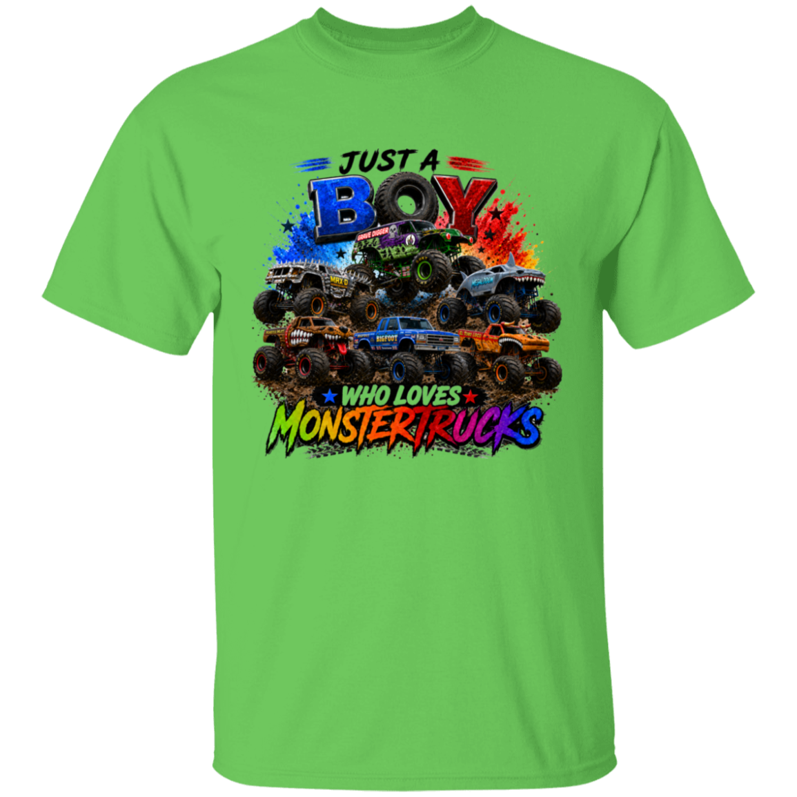 A bright green short-sleeve t-shirt with a colorful graphic print on the front featuring monster trucks and the text 'JUST A BOY WHO LOVES MONSTER TRUCKS'.