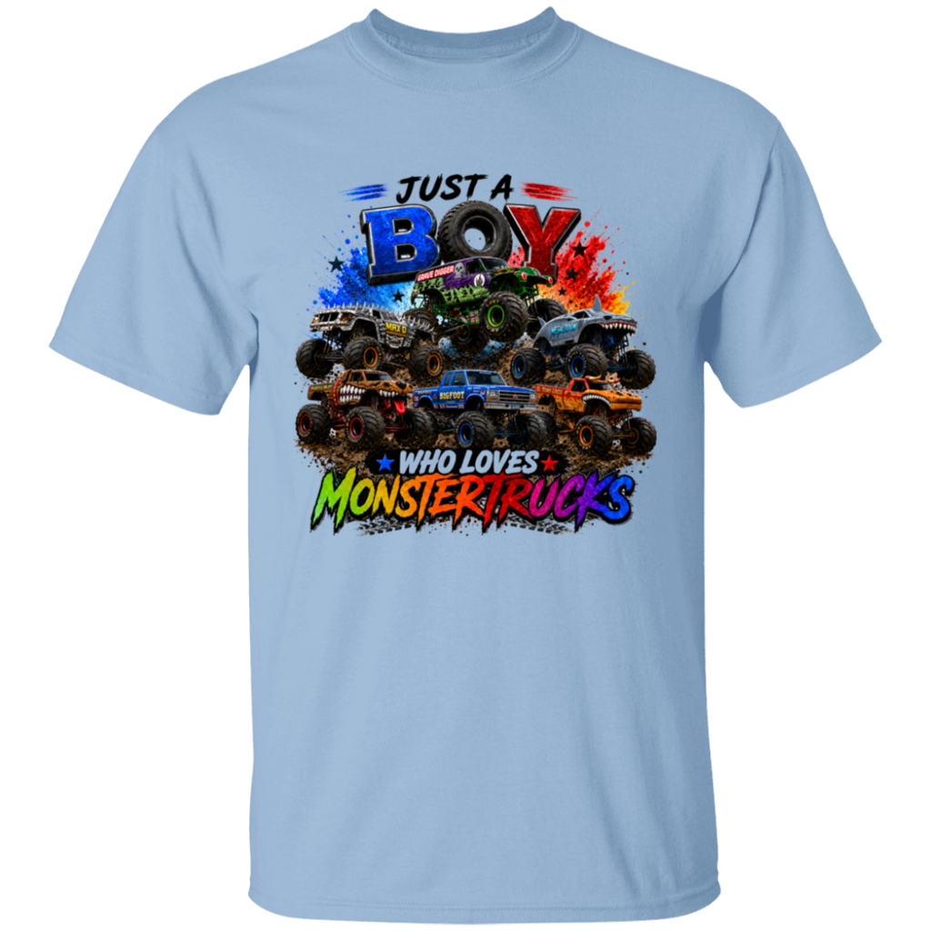 A light blue short-sleeve crewneck t-shirt featuring a colorful graphic print of monster trucks with the text 'JUST A BOY WHO LOVES MONSTER TRUCKS'.