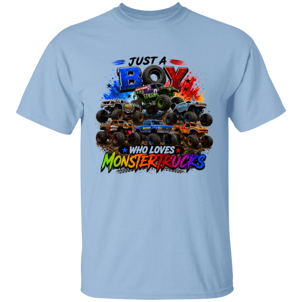 A light blue short-sleeve crewneck t-shirt featuring a colorful graphic print of monster trucks with the text 'JUST A BOY WHO LOVES MONSTER TRUCKS'.