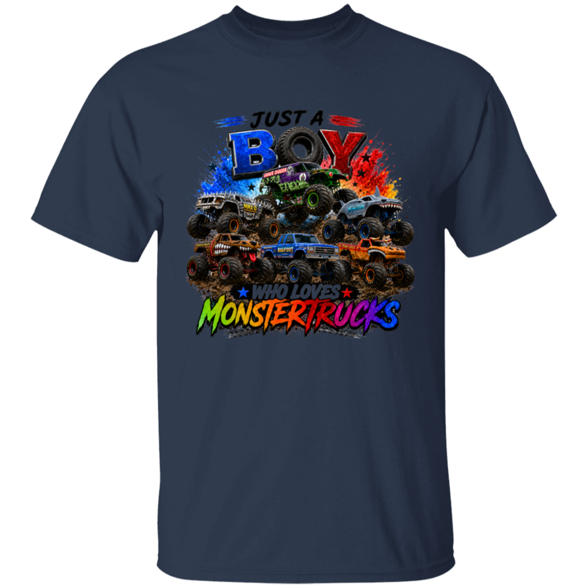 A navy blue short-sleeve t-shirt with a colorful graphic print on the front featuring monster trucks and the text 'JUST A BOY WHO LOVES MONSTERTRUCKS'.